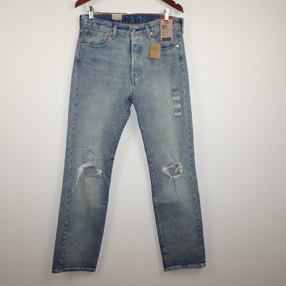 Levi's 501 Jeans Men's Size 33x34 Blue Denim Distressed Button Fly Stretch - Picture 1 of 12